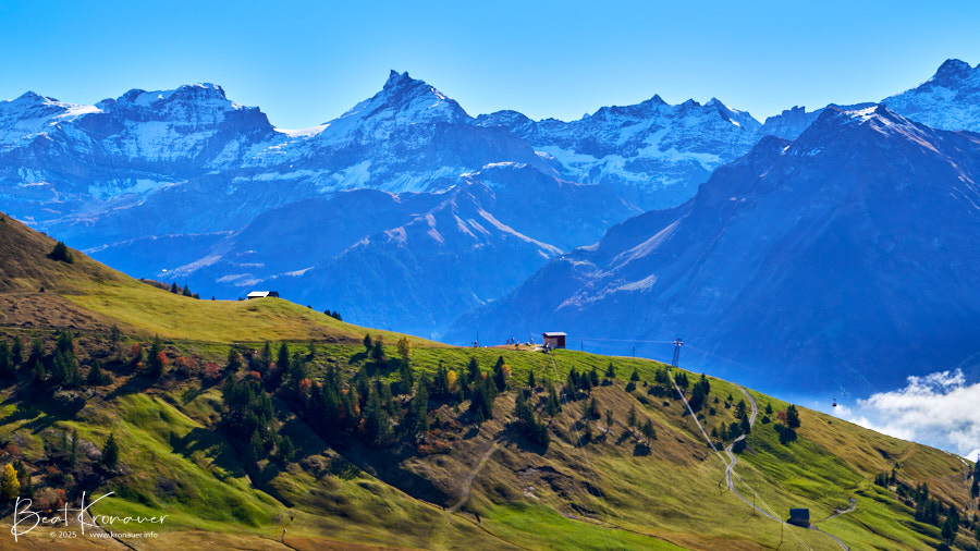 Panorama vom Fleschseekiosk in Richtung Bergstation Ruogig, Ruegig, Schächentaler Höhenweg, Kanton Uri, Switzerland